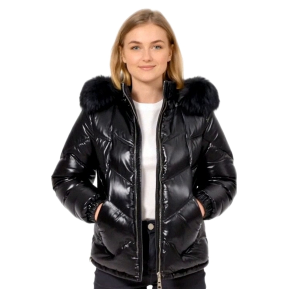 Womens Puffer Jacket Black Slim Fit Insulated Faux Fur Hooded Jacket Sz 3XL New!
